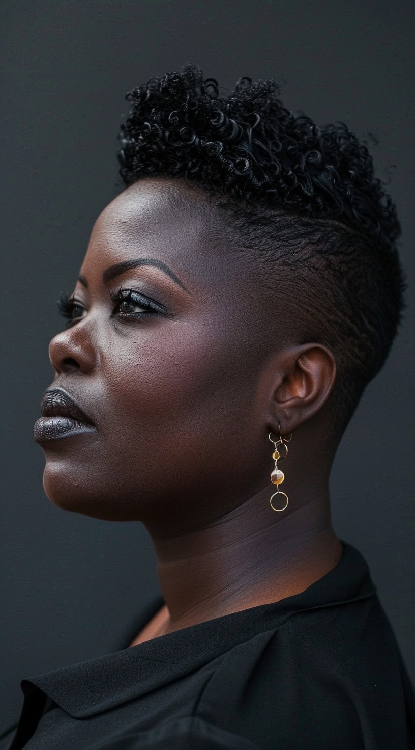 This image shows a close-up side profile of a black woman with a bold curly mohawk and an undercut.