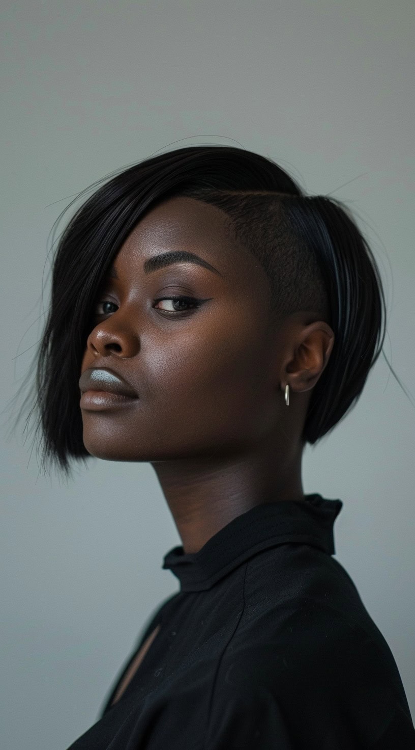 Profile of a woman with a bold one-side shaved bob and long side bangs.