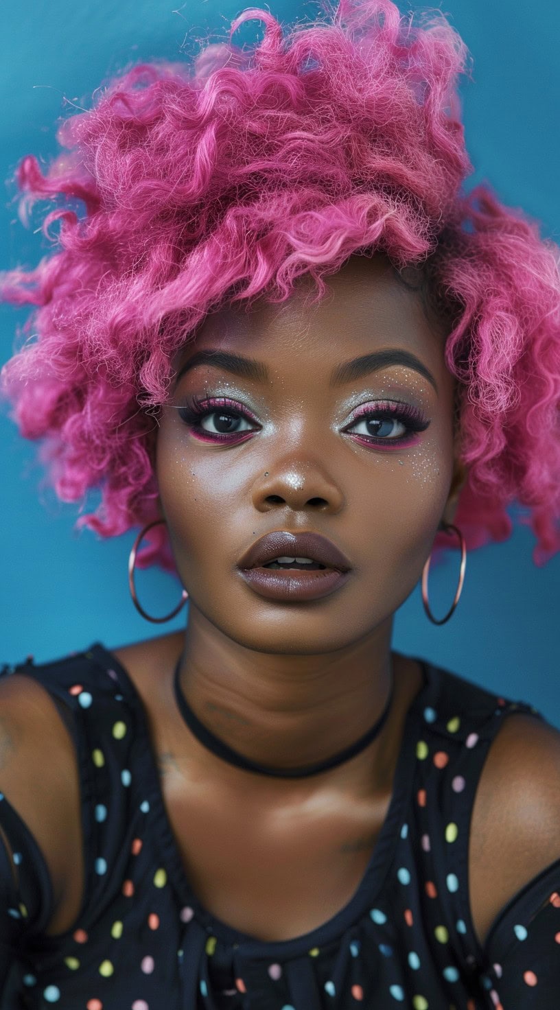 A woman with bold pink curls, wearing vibrant makeup and a polka-dot top.