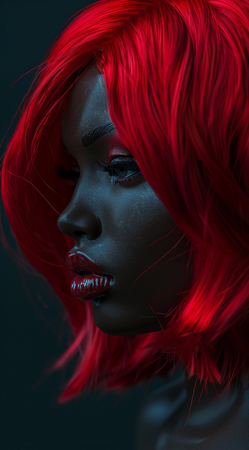 Side profile of a woman wearing a bold red wig.