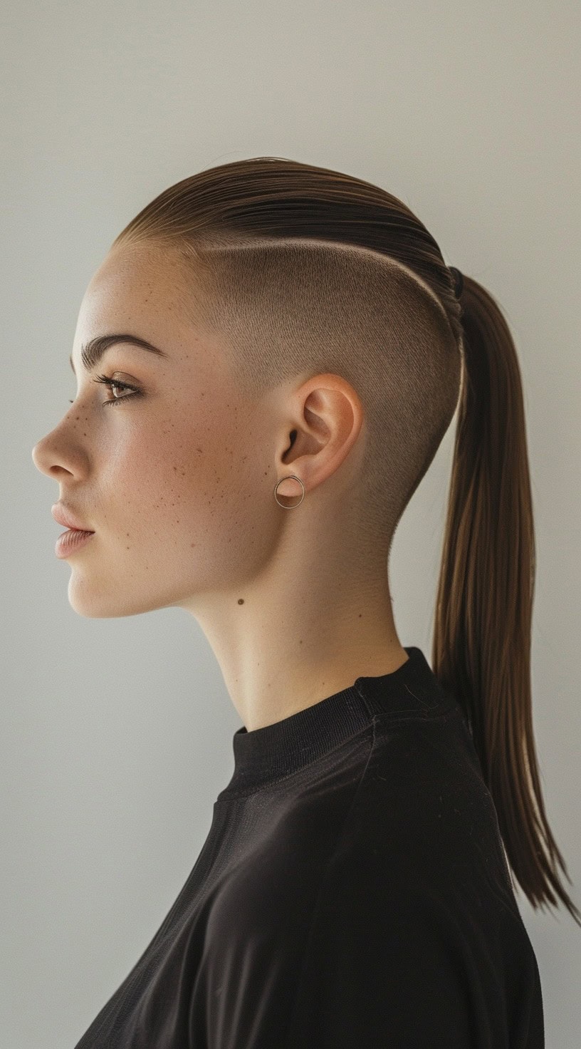 A woman with a sleek ponytail and shaved sides, wearing a black shirt.