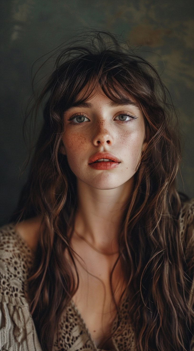 Close-up of a woman with loose, curly hair and bottleneck bangs, styled to enhance natural texture.