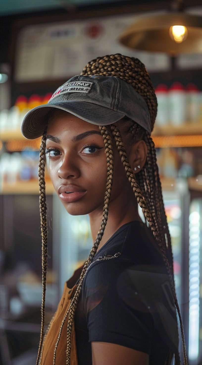 Close-up of a woman with box braids styled in a half-up, half-down look, wearing a cap.