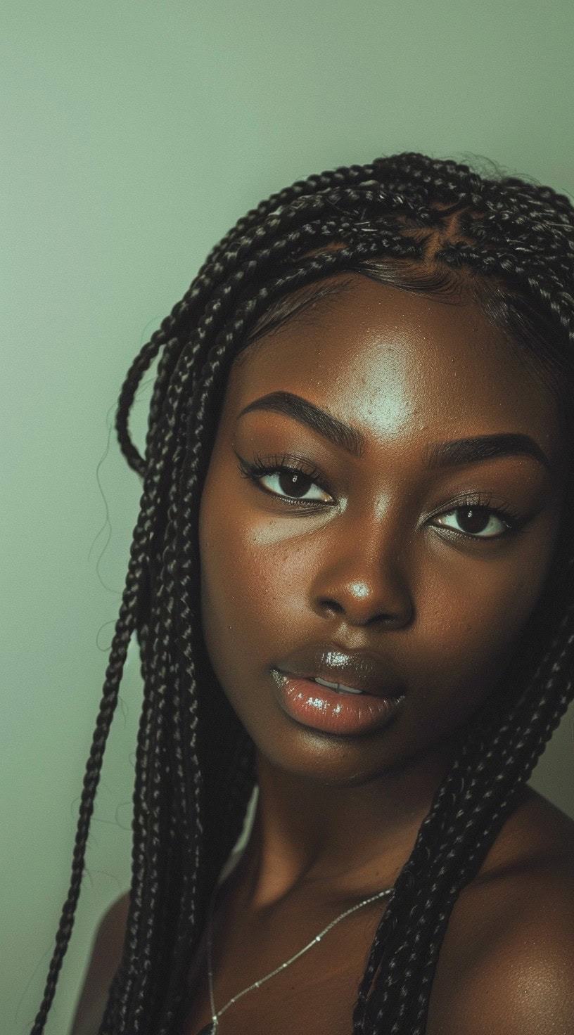 Close-up of a woman with long, thin box braids.