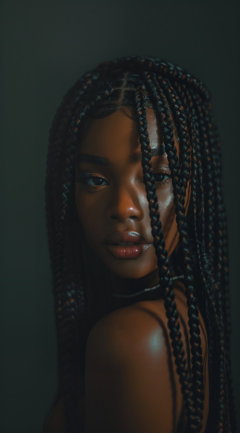 Box braids styled in long, sleek sections on a woman with a dark background.