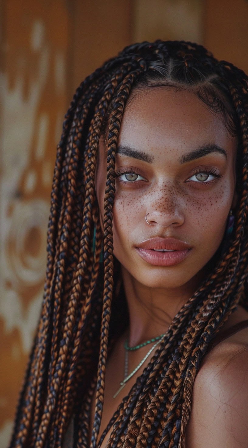 Box braids are long, neat braids with brown highlights, seen from the front on a young woman.