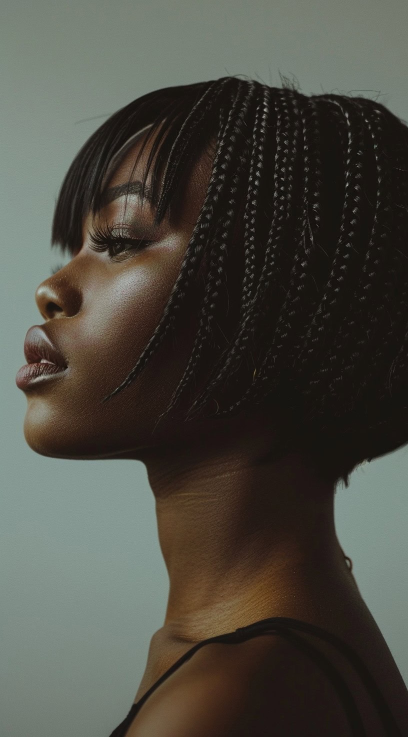 Profile view of a woman with a braided bob and straight, choppy bangs.