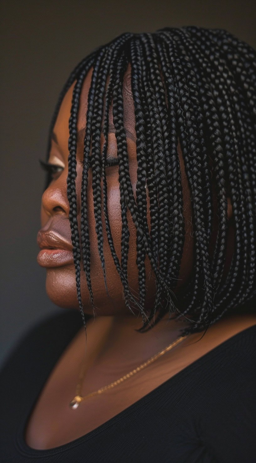 This image shows a black woman with a braided chin-length bob, the braids hanging down evenly around her face.