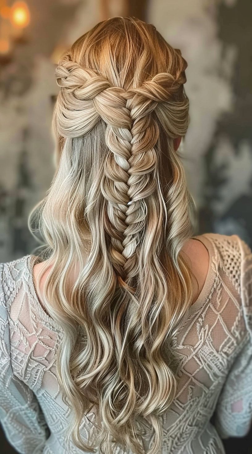 This photo shows a half-up hairstyle with a braided crown and a fishtail braid down the center.