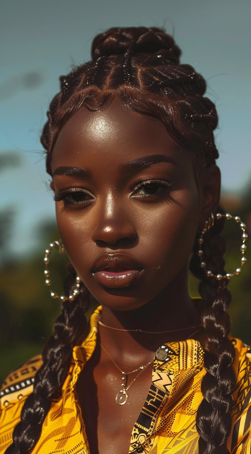 A young woman with braided pigtails and cornrows, wearing a bright yellow top and large hoop earrings.