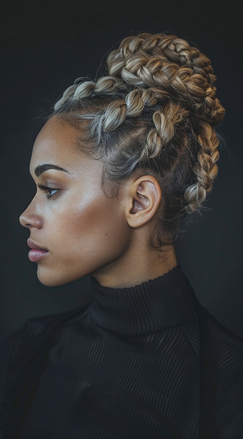 In this photo, a woman with a braided top knot and blonde highlights is shown in profile.