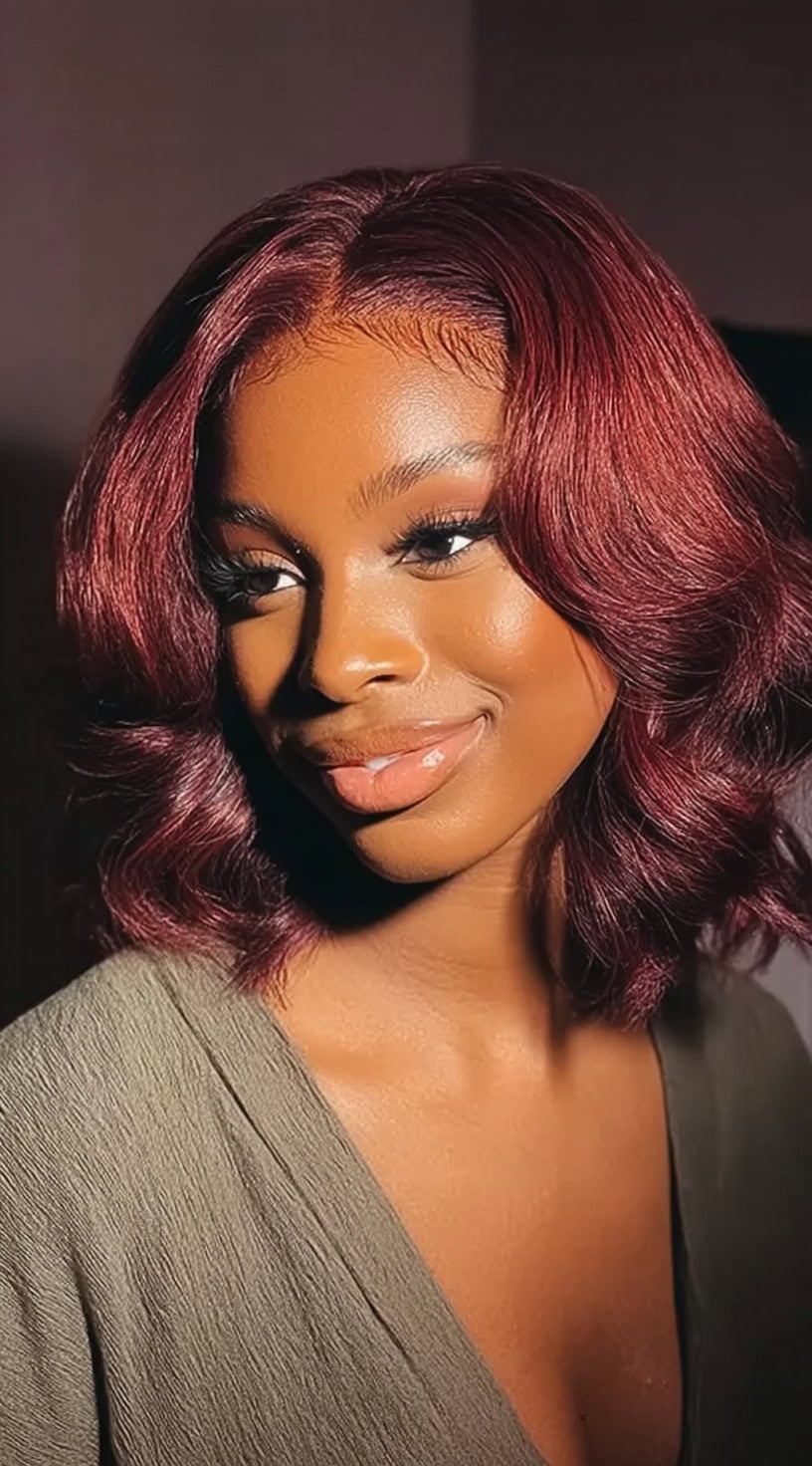 A burgundy red bob styled with loose waves and a soft middle part that frames the face evenly.