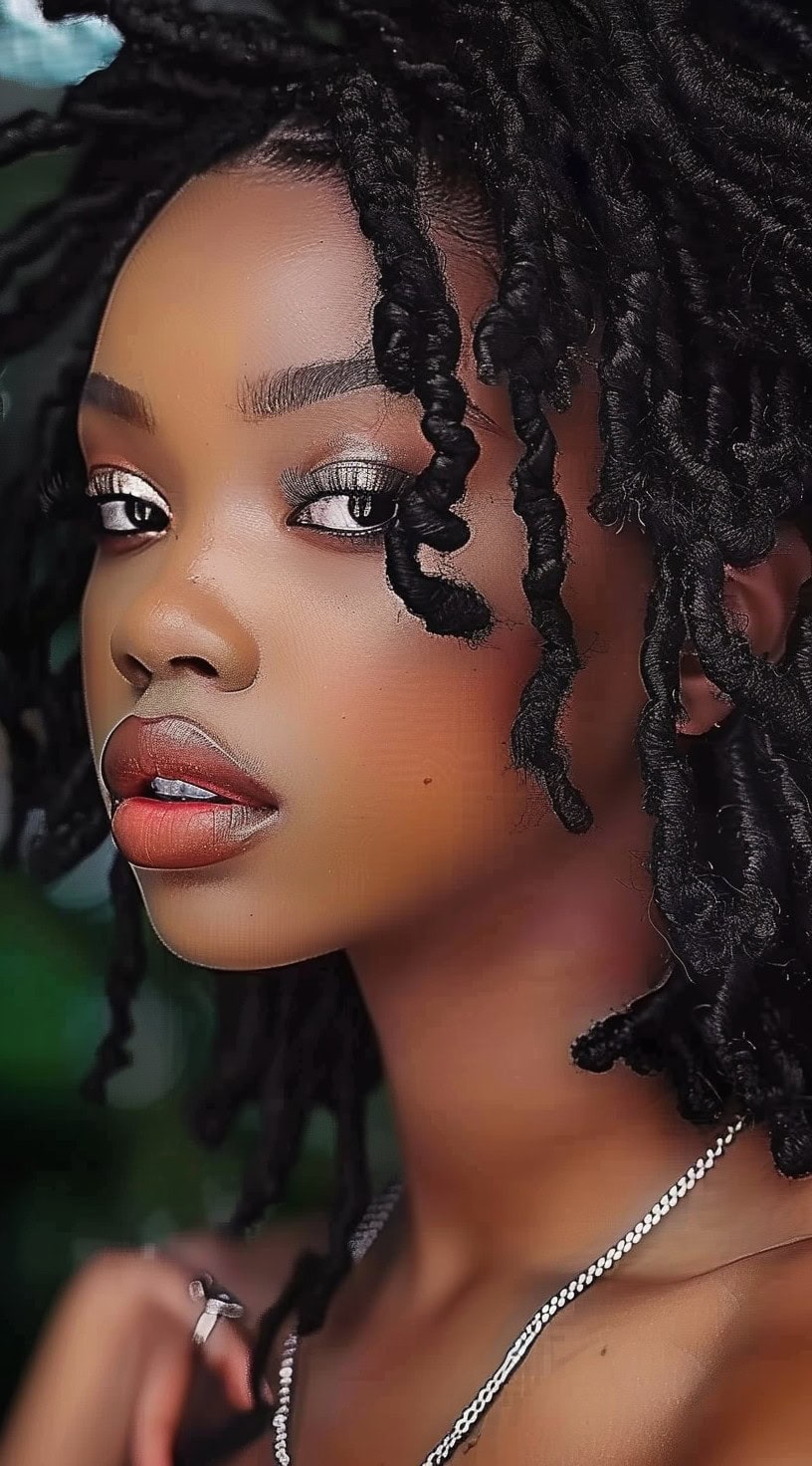 Butterfly locs are soft, curly locs framing the face, as seen on a woman with striking eye makeup.