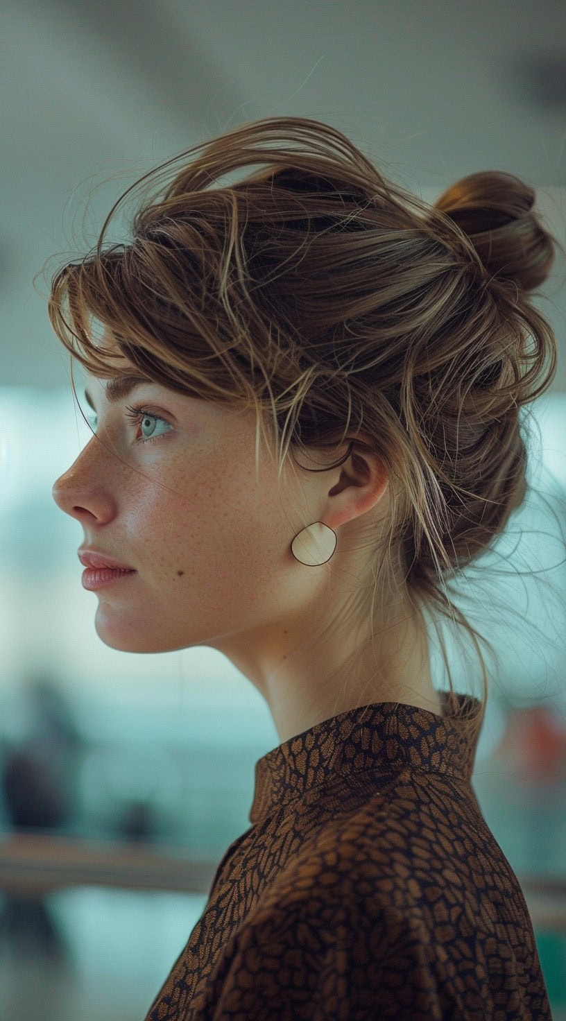 A side profile of a woman with a high bun and side-swept bangs.