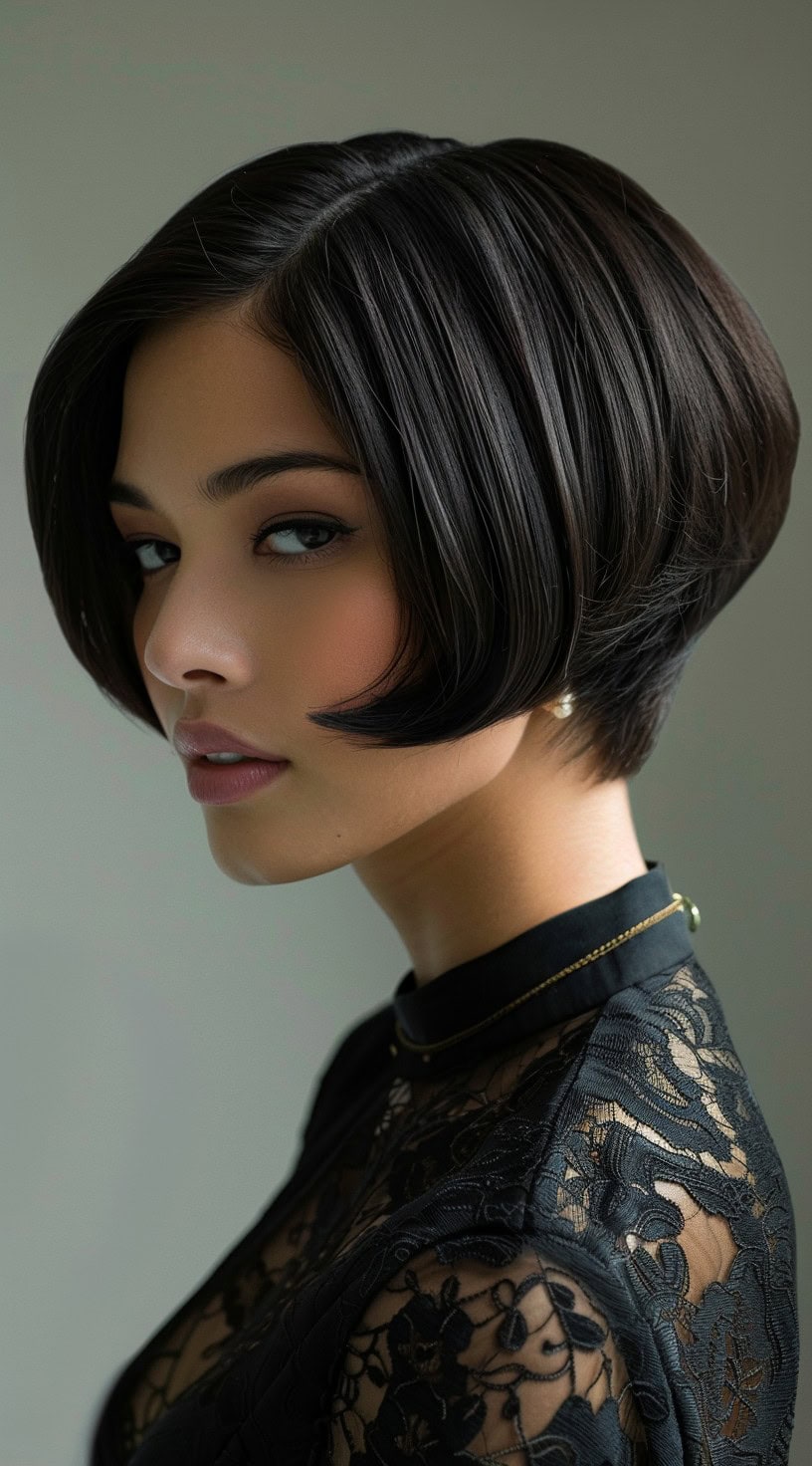 In the photo, a woman with a chic, short bob cut with side-swept bangs is shown in a side view.