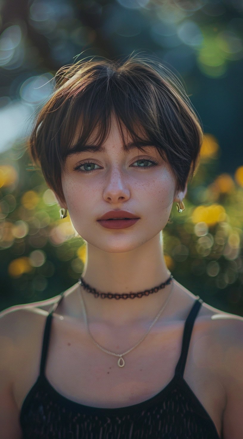 Portrait of a young woman with a chic bowl cut, middle-parted and adorned with wispy bangs.