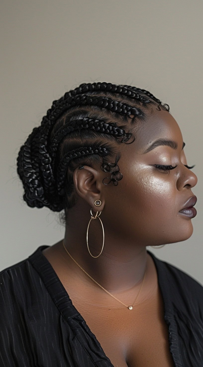 This image shows a black woman with a chic cornrow twisted bun, with cornrows leading back to a twisted bun at the nape.