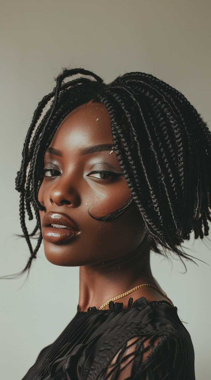 This picture shows a woman with a chic bob featuring crochet twists.