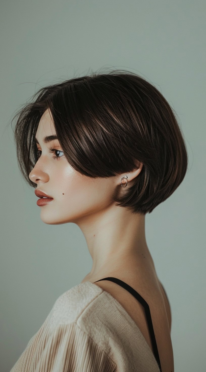 This image shows a side profile of a woman with a chic short stacked bob, featuring a clean and sophisticated cut.