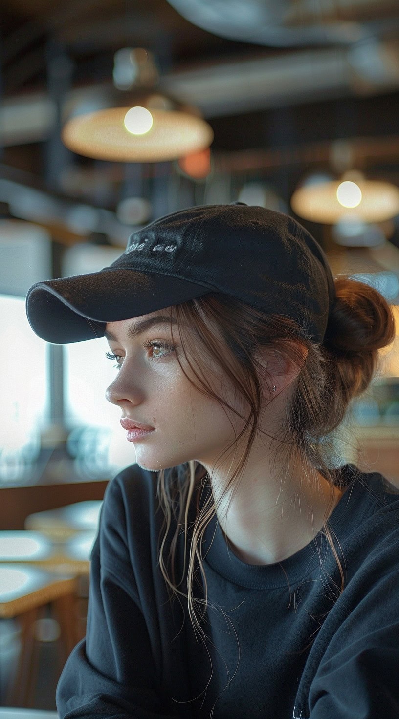 Side profile of a woman with a chignon hairstyle tucked under a baseball hat.