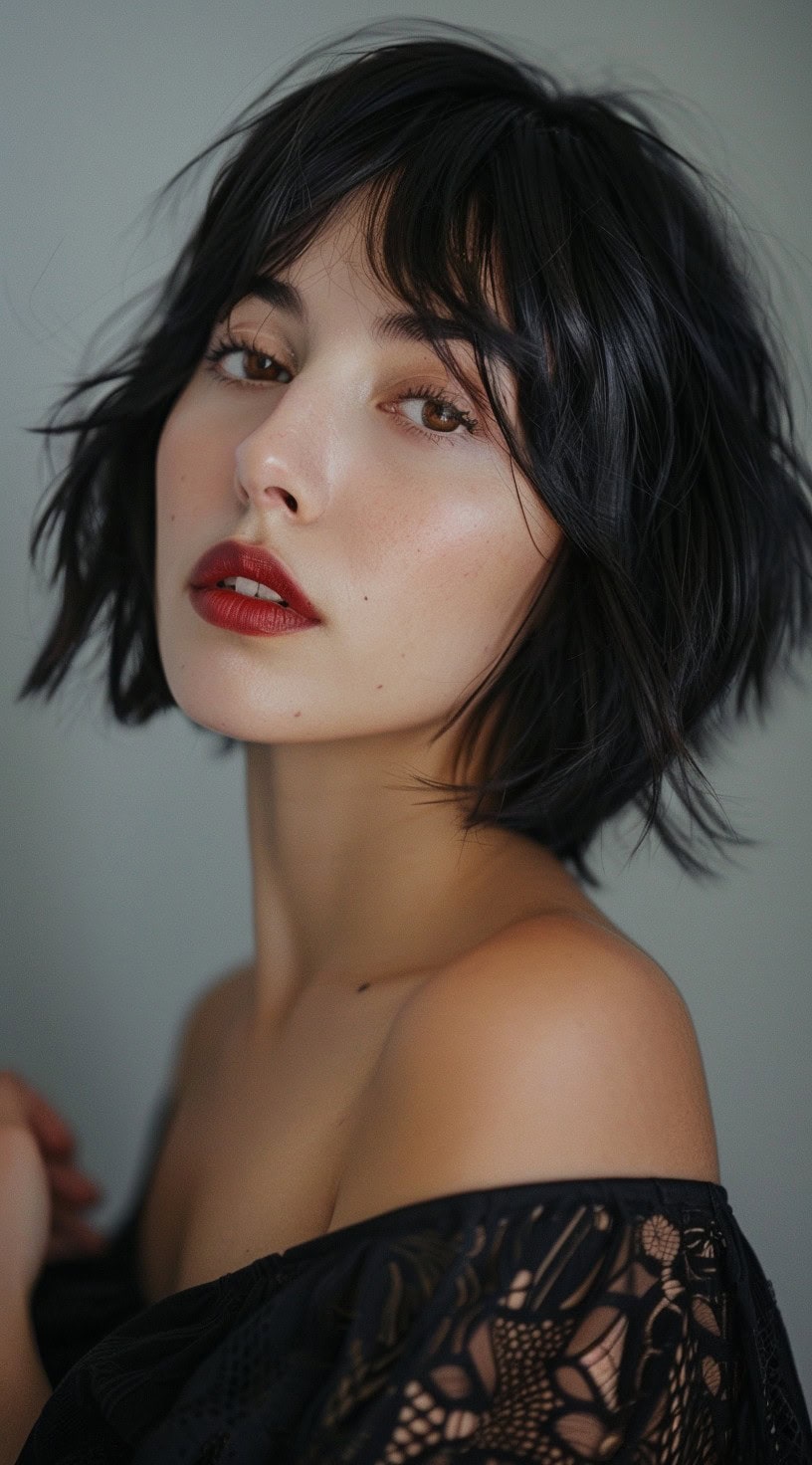 In this photo, a woman with a choppy bob and fringe looks at the camera with red lipstick.