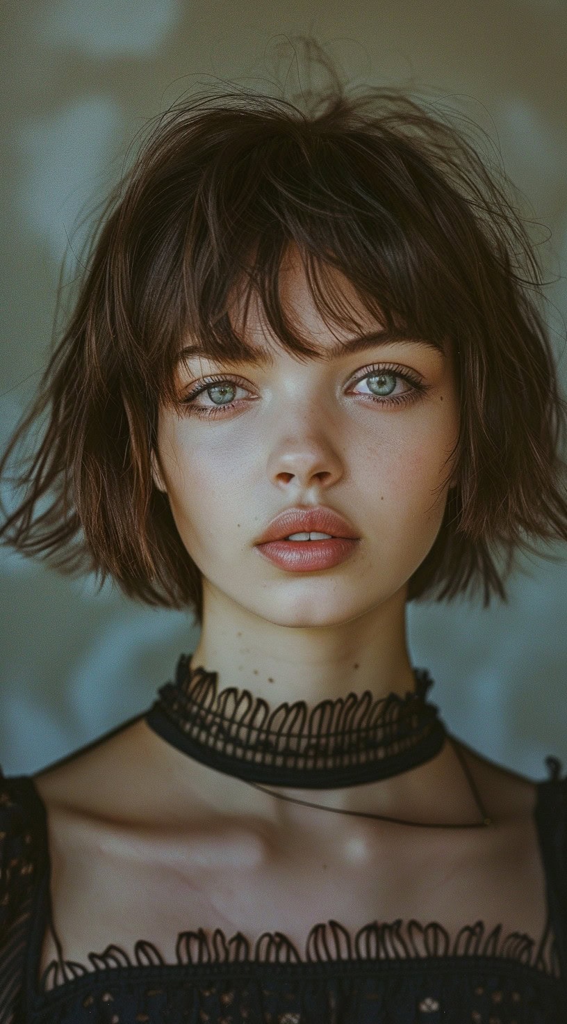 Young woman with a choppy bob and wispy bangs, adorned with a delicate choker.