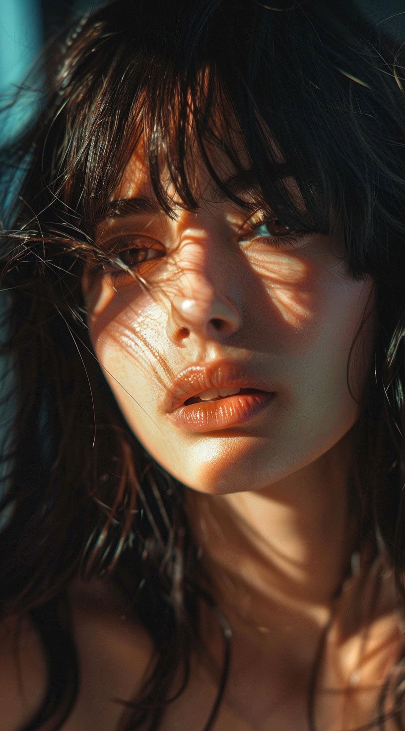 Close-up of a woman with long, textured hair and choppy bottleneck bangs, perfect for adding volume to thin hair.