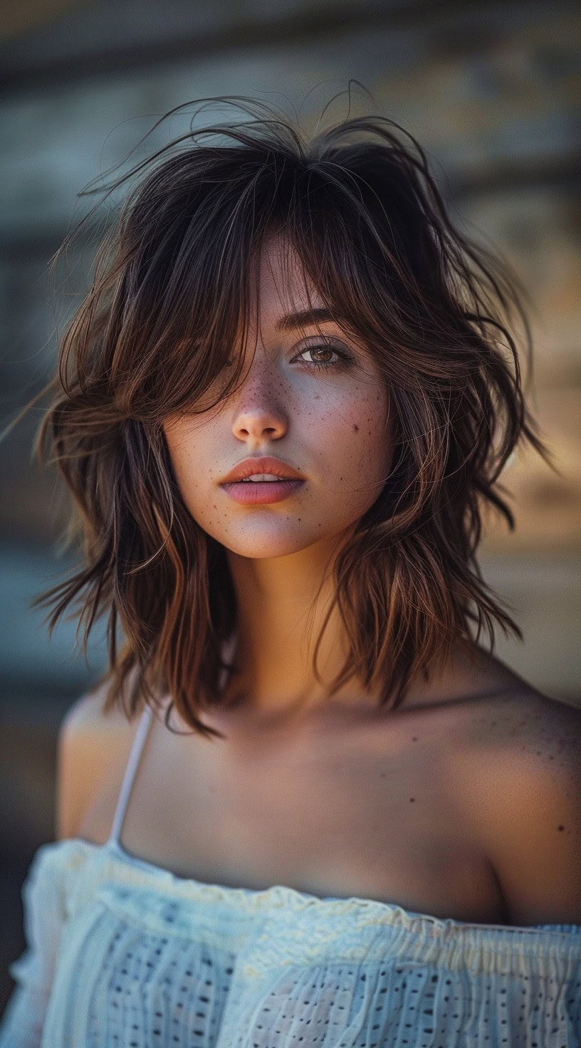 In this photo, a woman with a choppy lob and soft fringes stands in a sunlit environment.