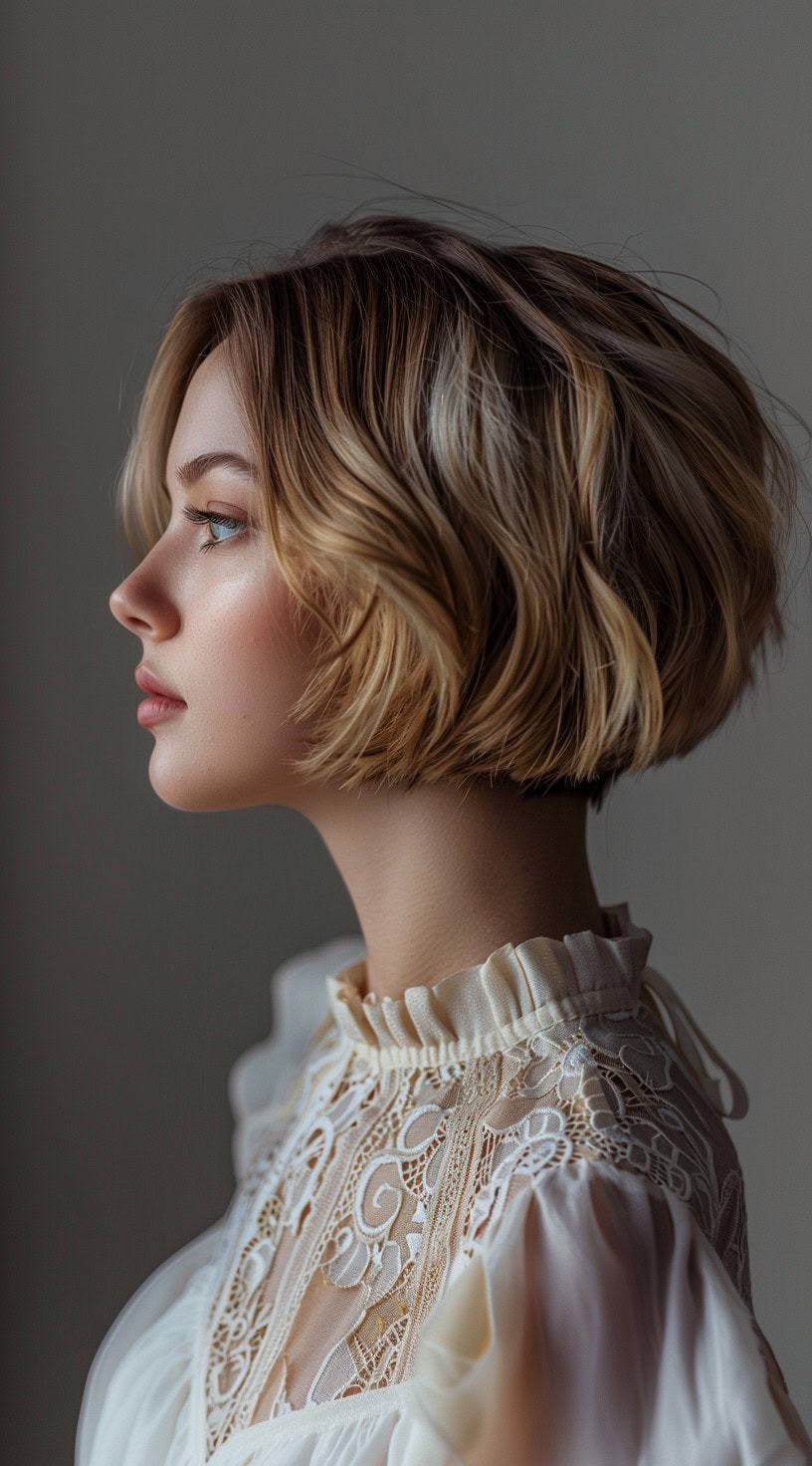 This image shows a side profile of a woman with a classic blonde stacked bob hairstyle, wearing a lace top.