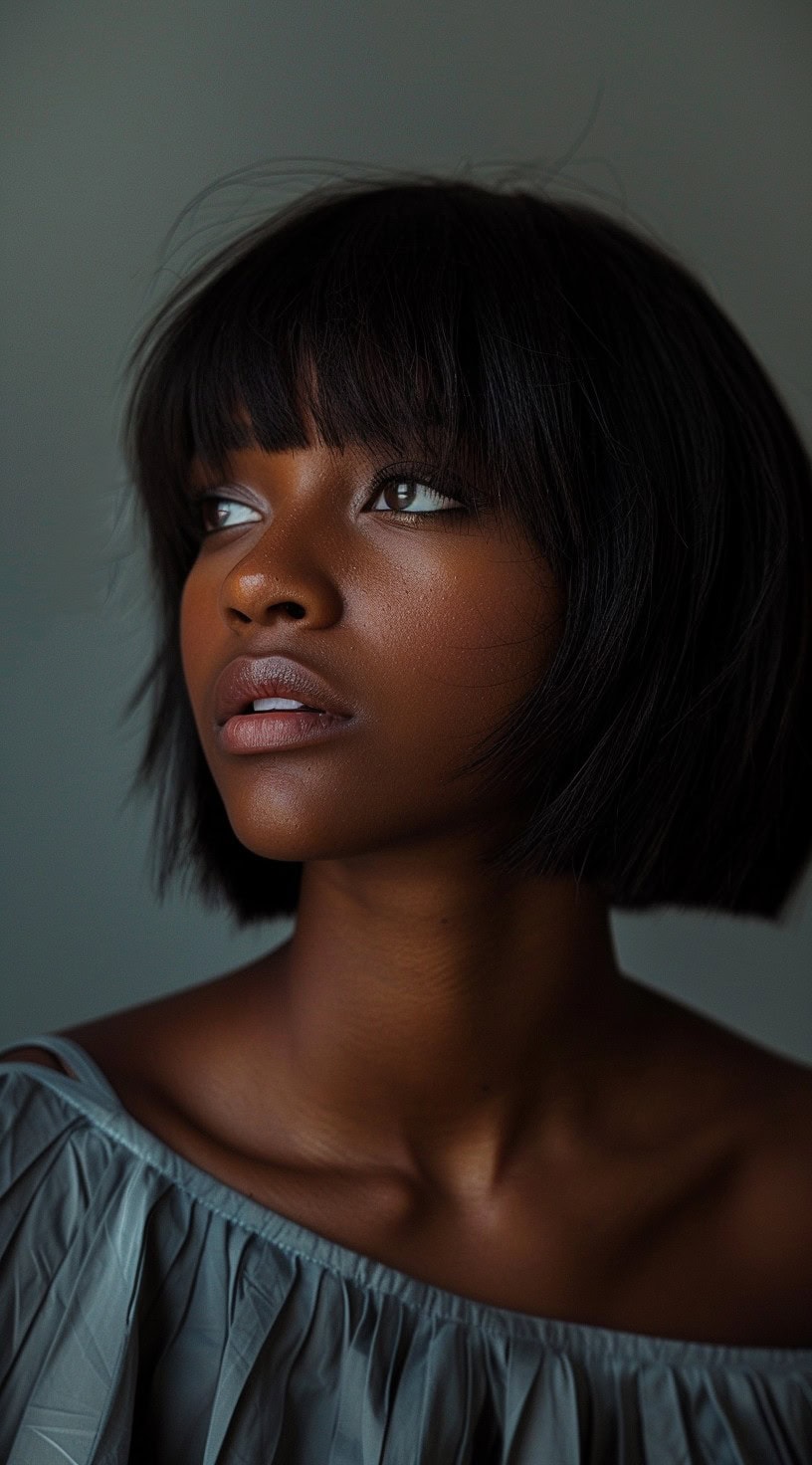 This image shows a woman with a classic blunt bob haircut and straight bangs.