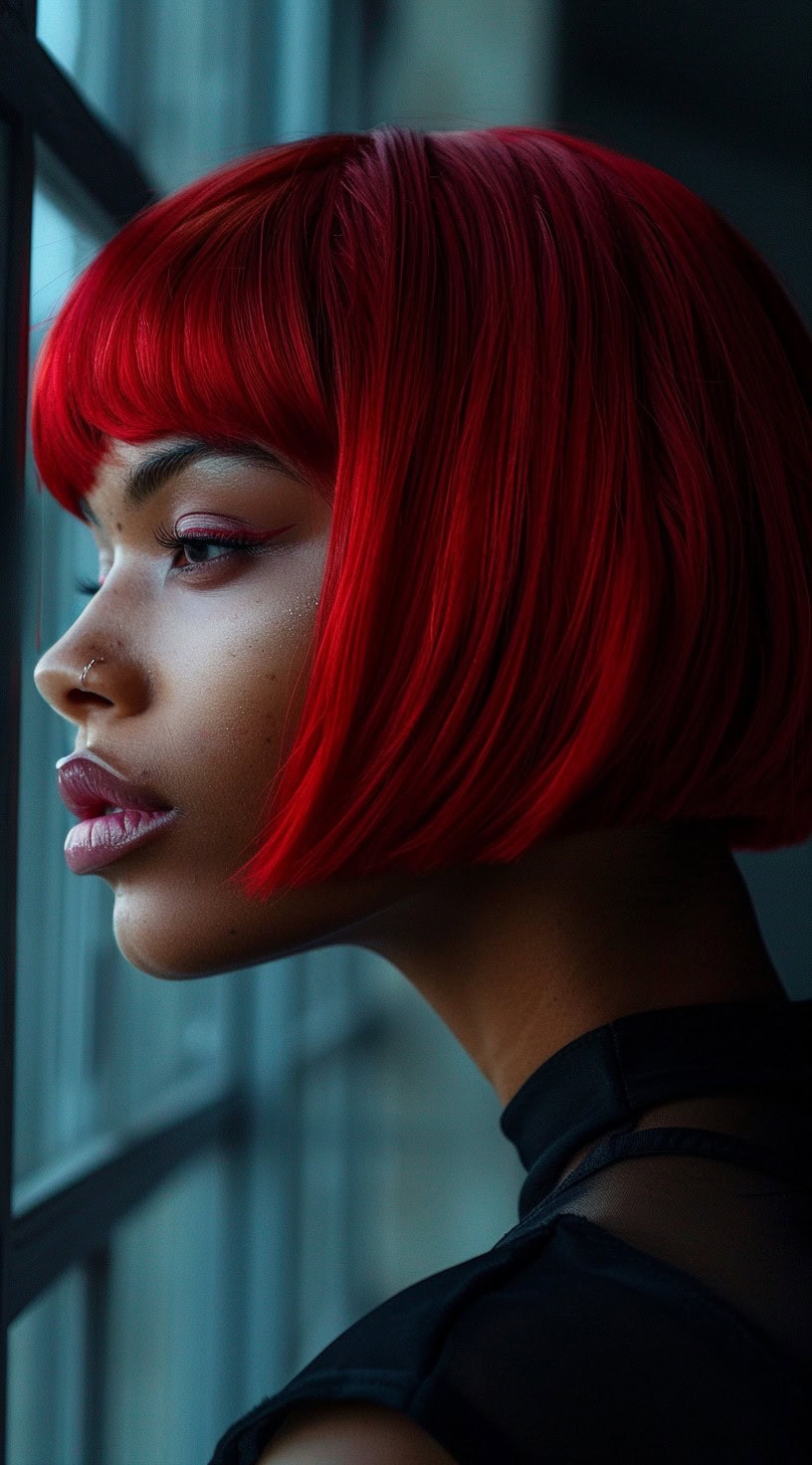 In the photo, a woman with a classic red bob and full bangs is shown.