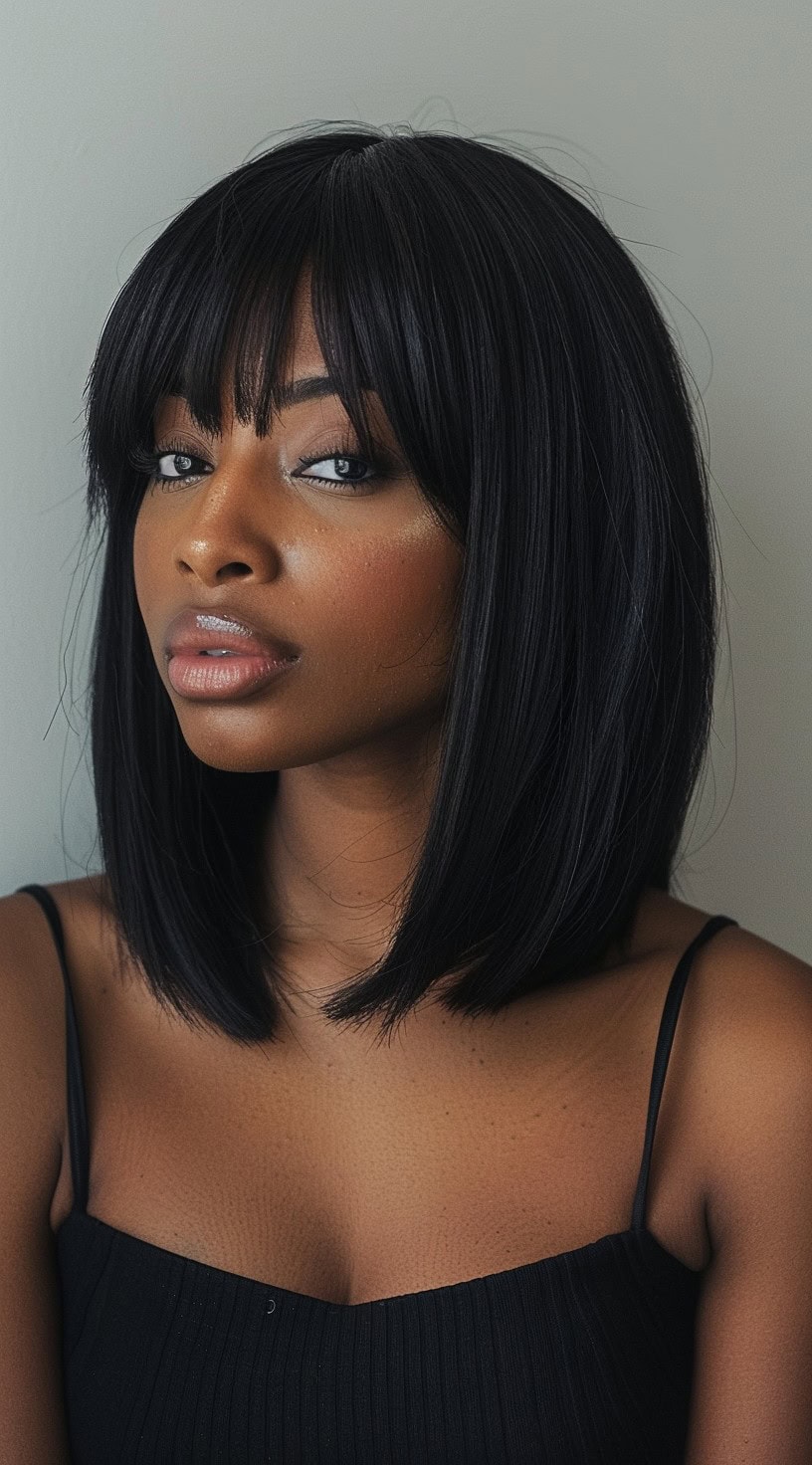 Front view of a woman with a classic long bob haircut and wispy bangs, wearing a black top.