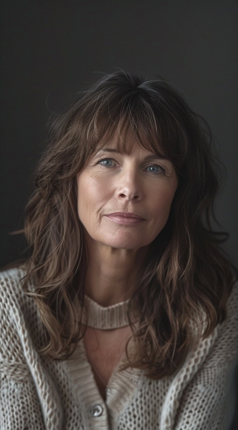 Classic bottleneck bangs with layered waves framing a woman's round face.