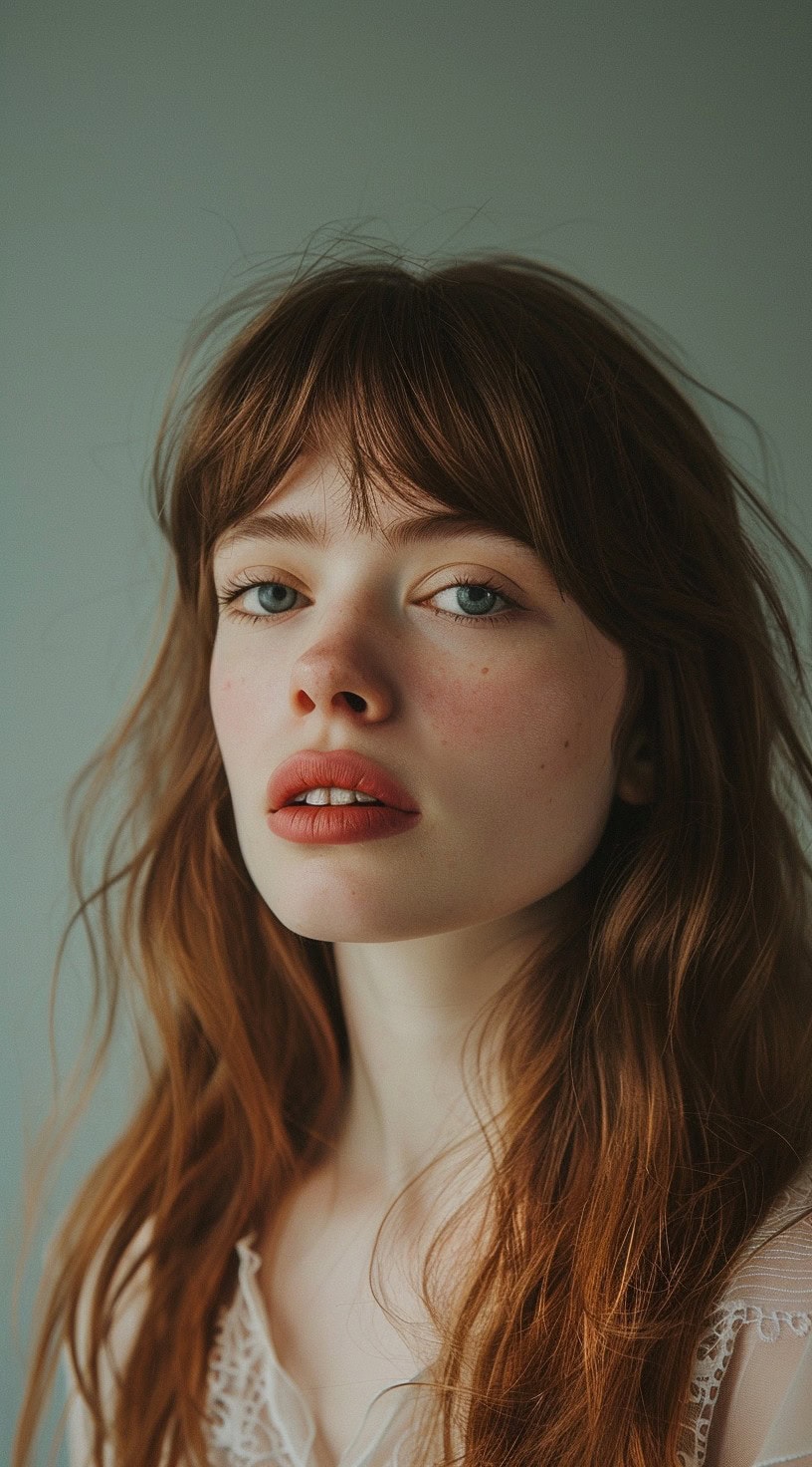 Close-up of a woman with red hair, styled with classic bottleneck bangs and added volume on top.