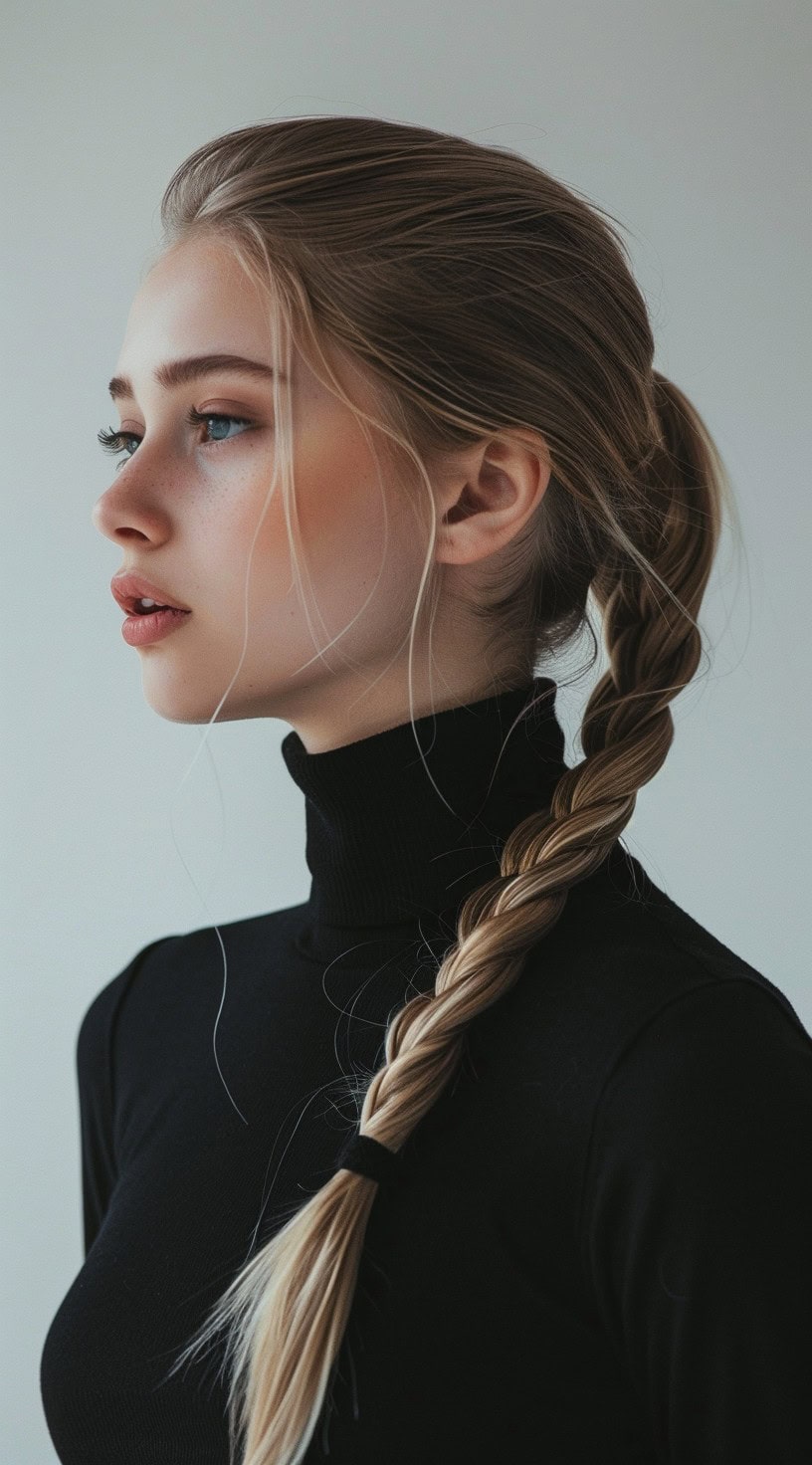 A woman with a sleek, braided ponytail, wearing a black turtleneck.