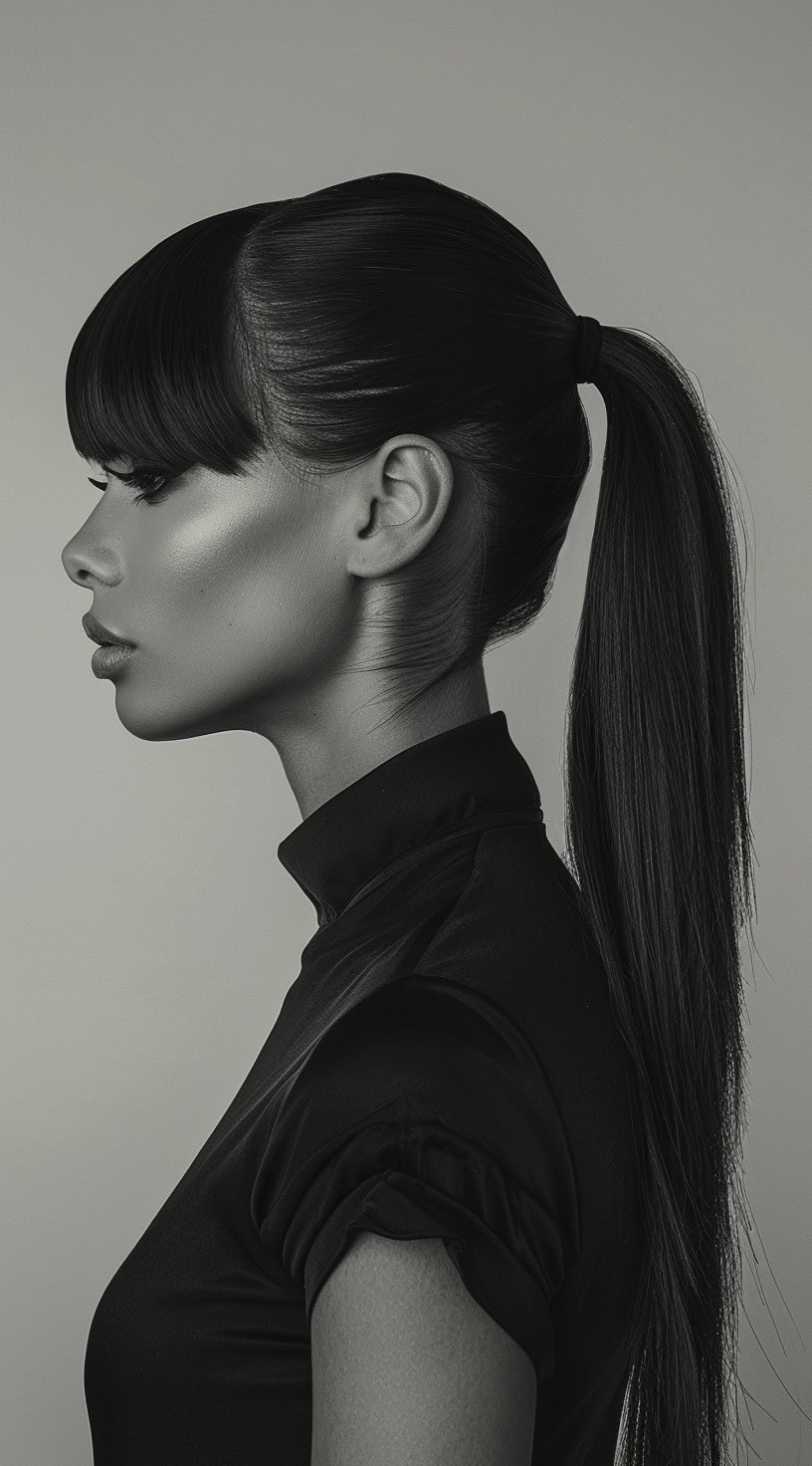 A woman with a high, sleek ponytail and thick, long bangs, wearing a black top.