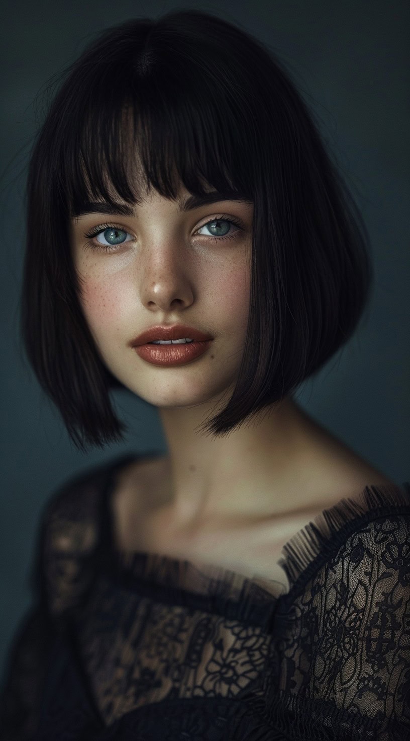 Close-up of a young woman with a classic straight bob and blunt wispy bangs.