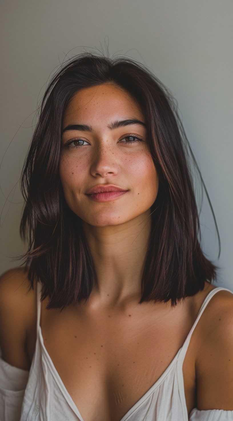 In the photo, a woman with a classic straight lob smiles softly at the camera.