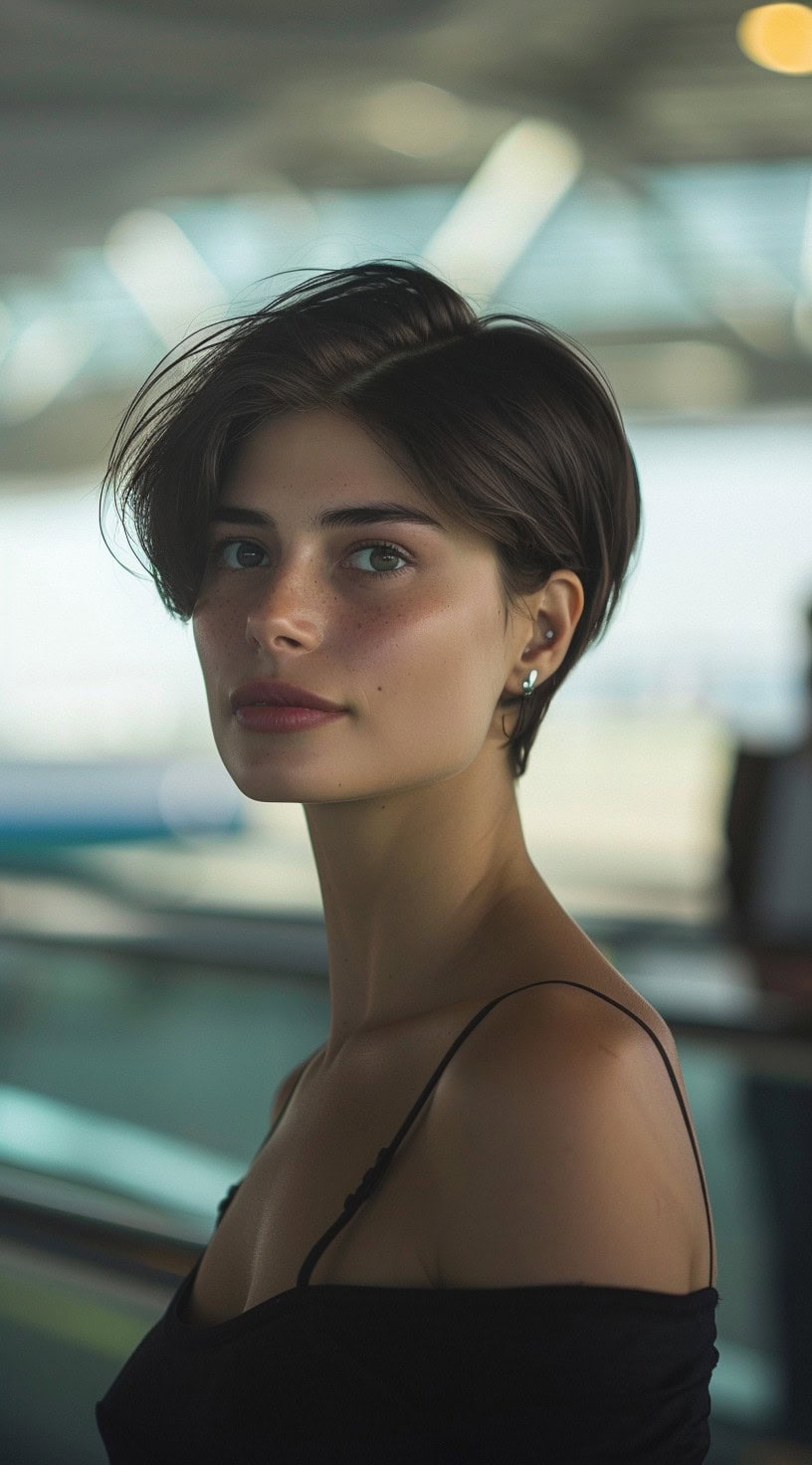 A woman with a classic tapered bob and dark hair in an airport.