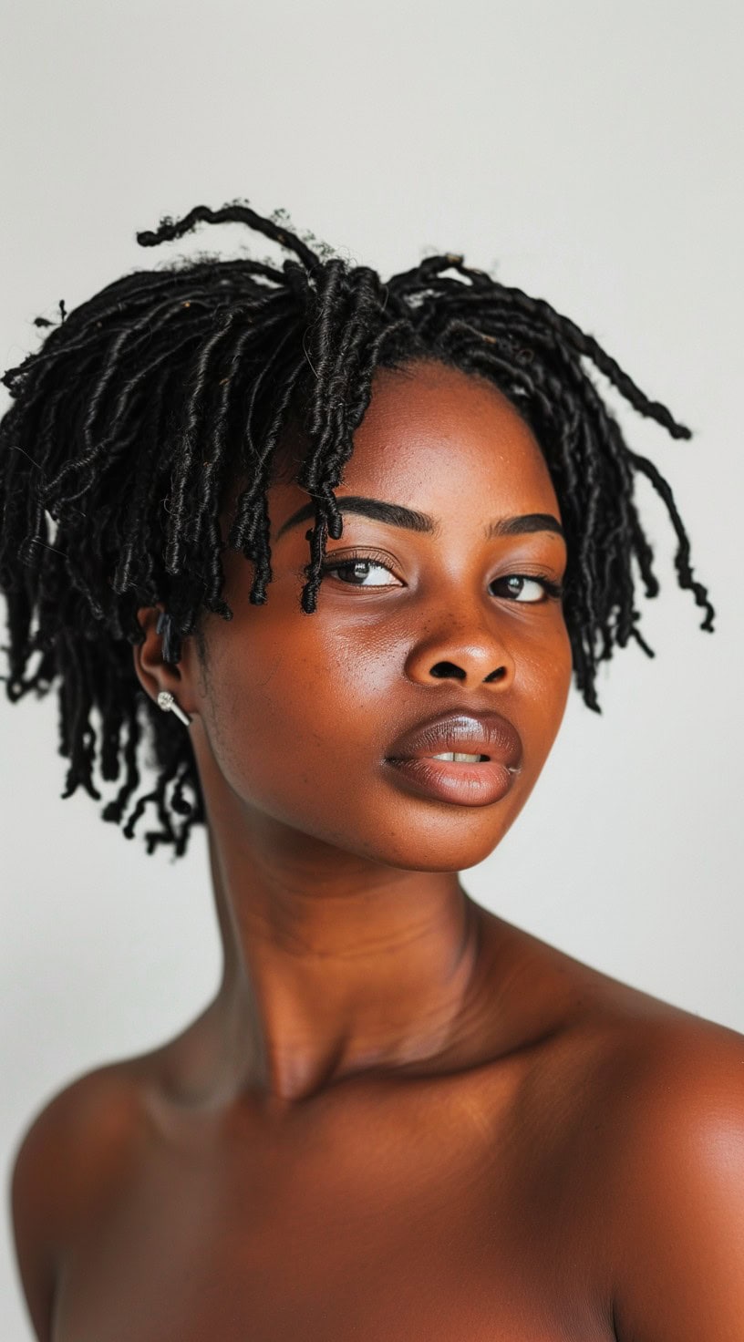 In this photo, a woman with a classic thin locs bob looks directly at the camera, showcasing the simplicity and elegance of her hairstyle.