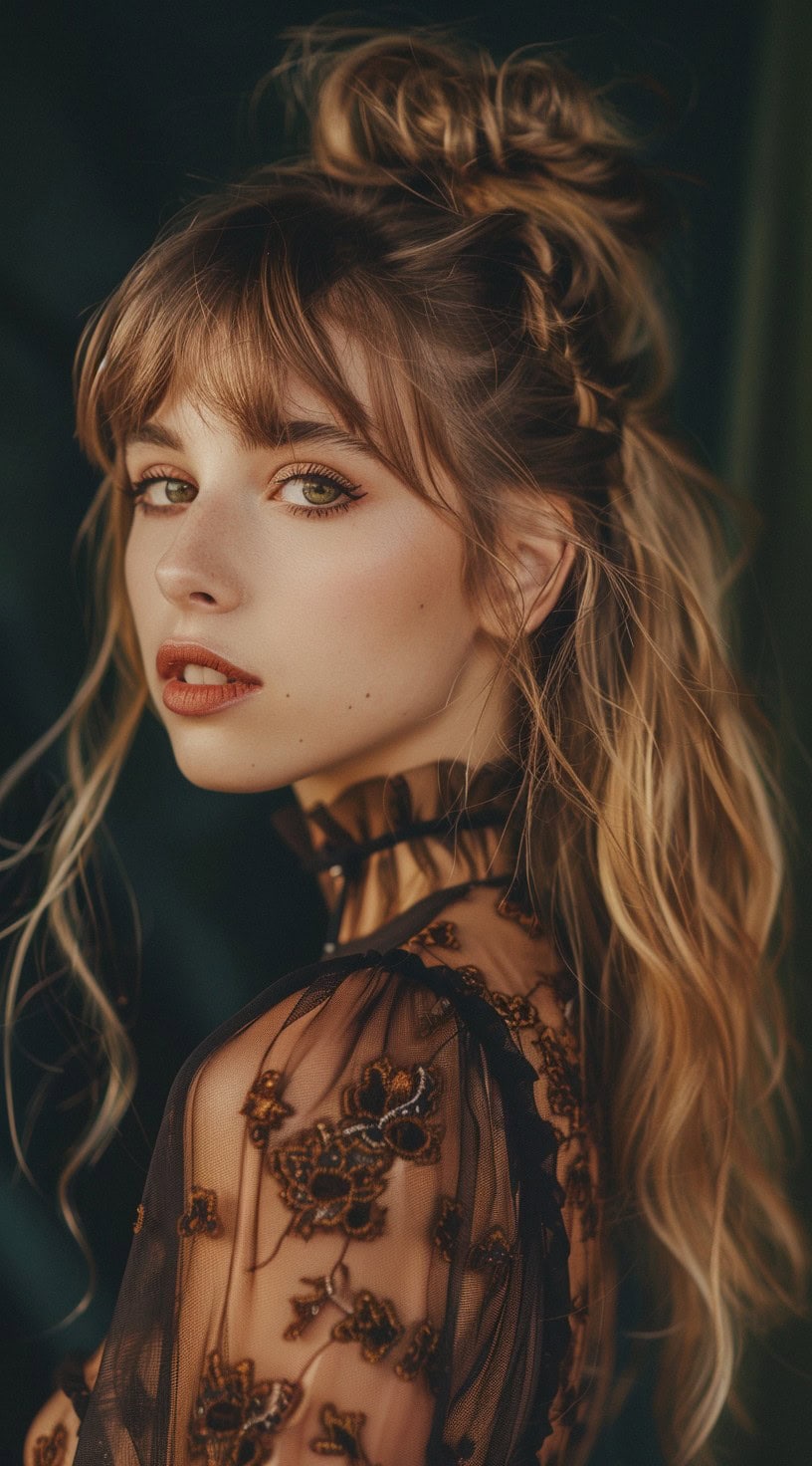 Close-up of a woman with wavy blonde hair, styled in a half-up half-down manner with bottleneck bangs.