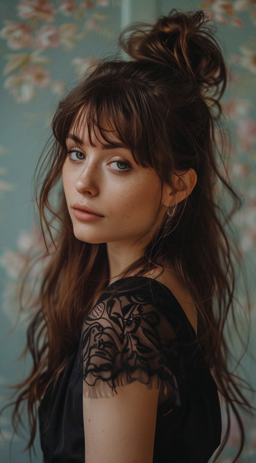 Close-up of a woman with voluminous wavy hair styled in a half-up half-down look, with bottleneck bangs.