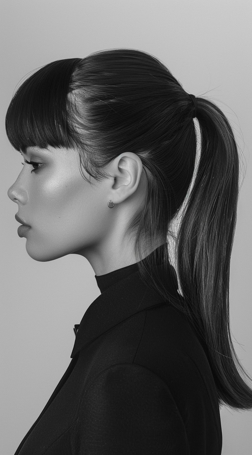 A woman with a sleek ponytail styled into an S-shape, wearing a black turtleneck.