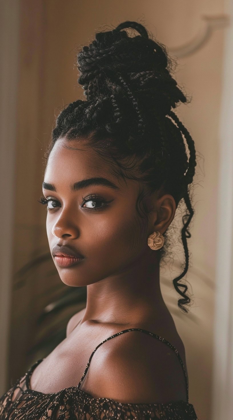 A young woman with a high braided top knot gazes back over her shoulder in an elegant setting.