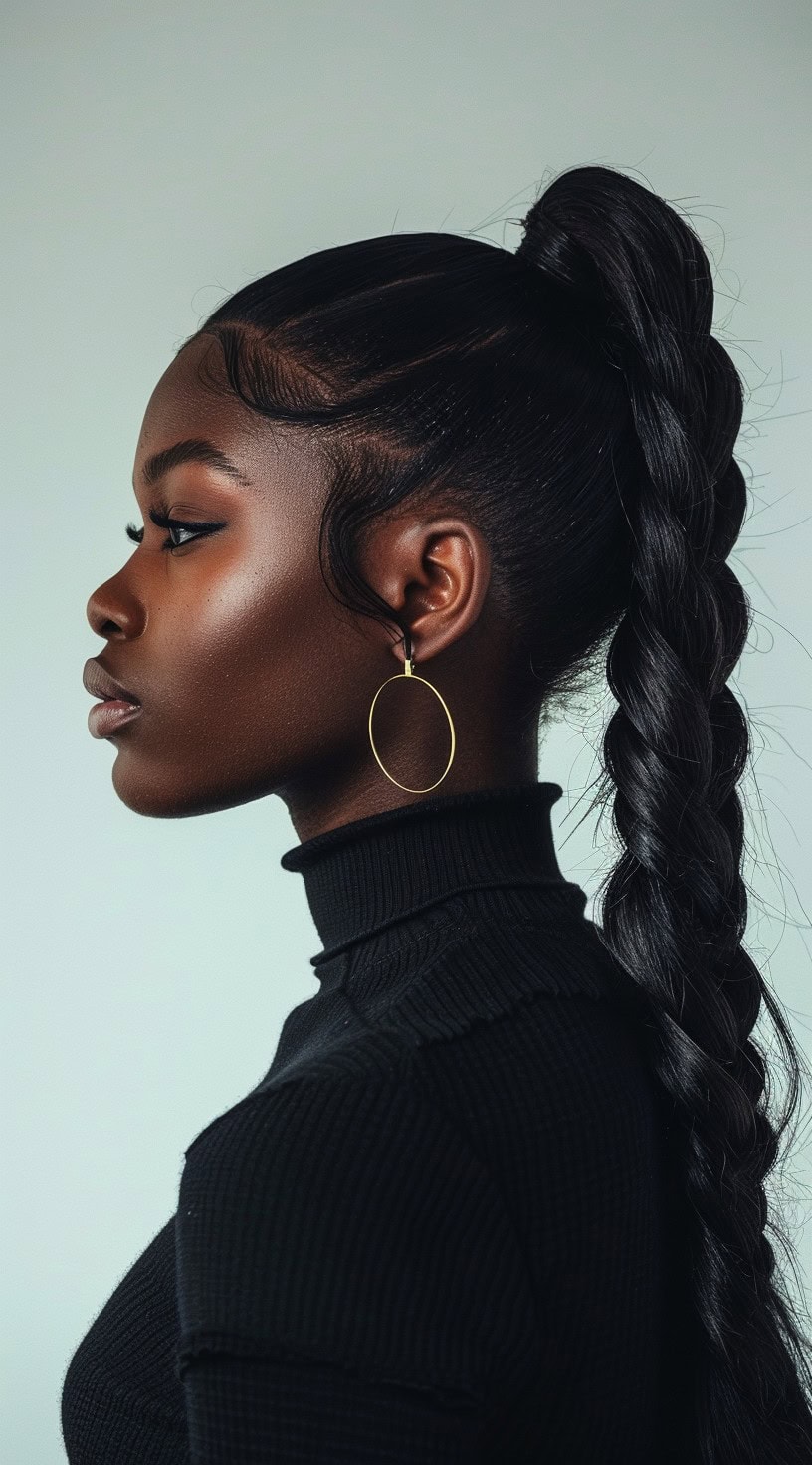 A side profile of a woman with a high braided ponytail, wearing a black turtleneck and gold hoop earrings.