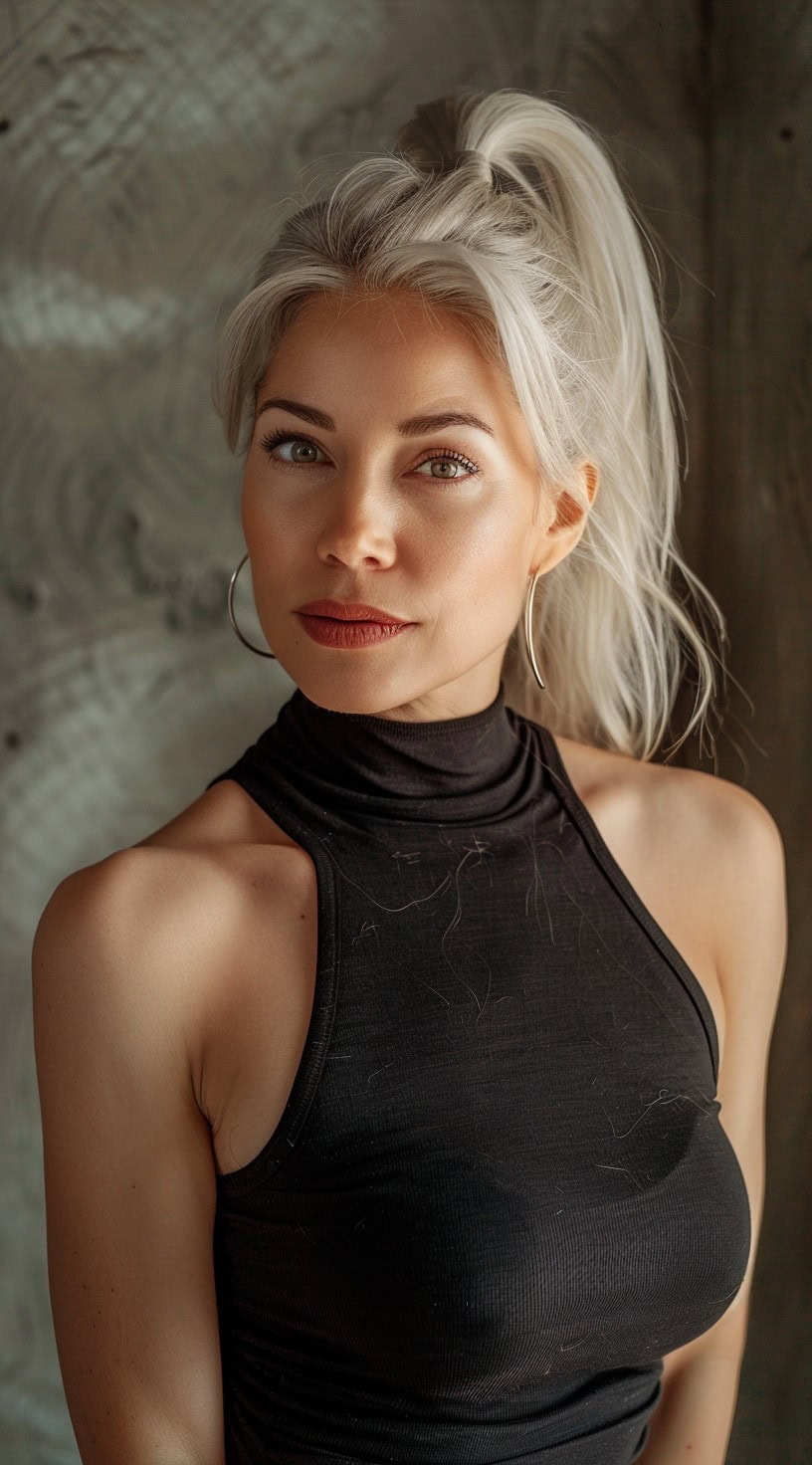 High ponytail hairstyle on a woman with platinum blonde hair.