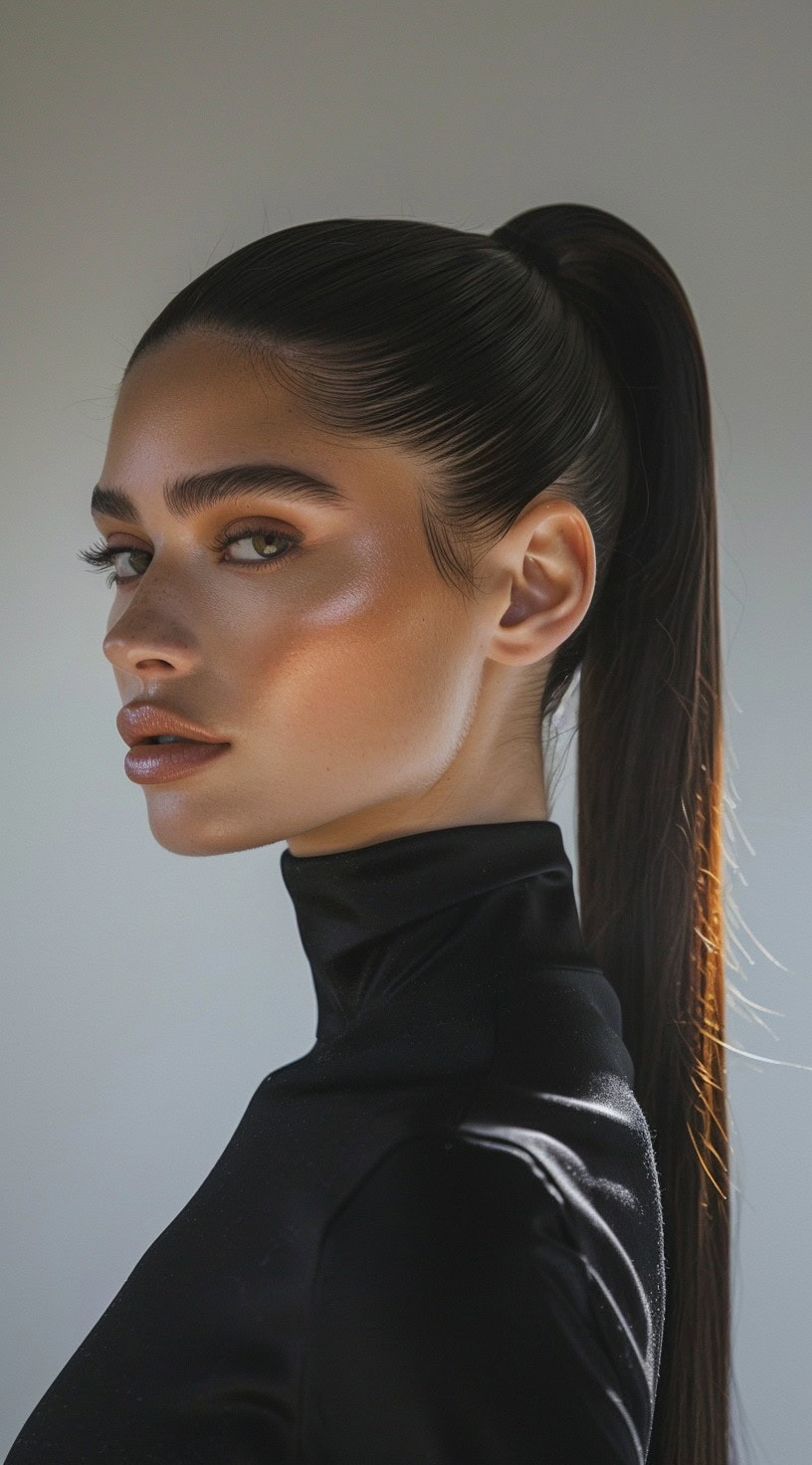 A woman with a high, sleek ponytail, wearing a black turtleneck.