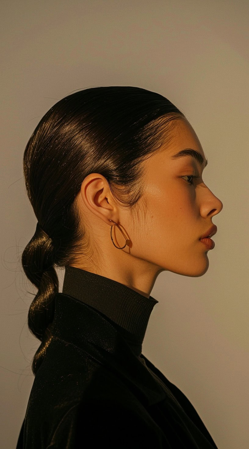 A woman with a low, sleek ponytail styled into a loose rope braid, wearing a black turtleneck.