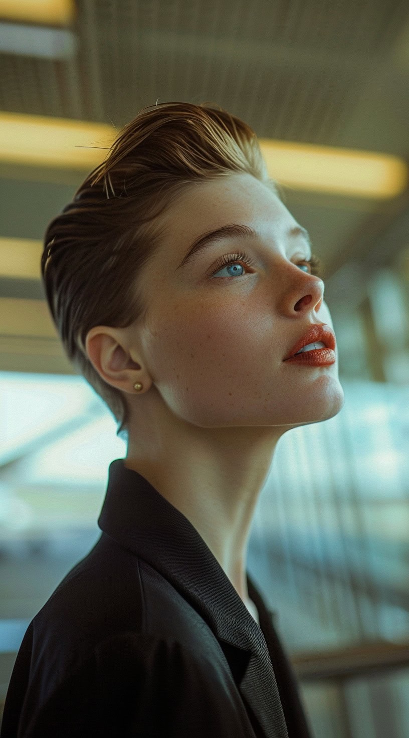 A woman with a sleek, slicked-back pixie cut gazing upwards.