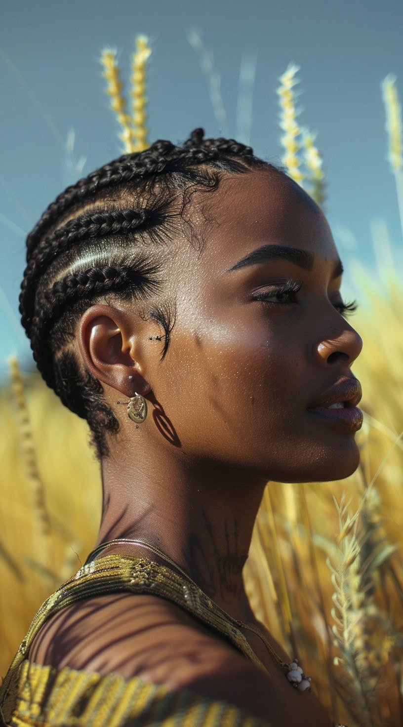 A woman with cornrow braids in a side profile view.